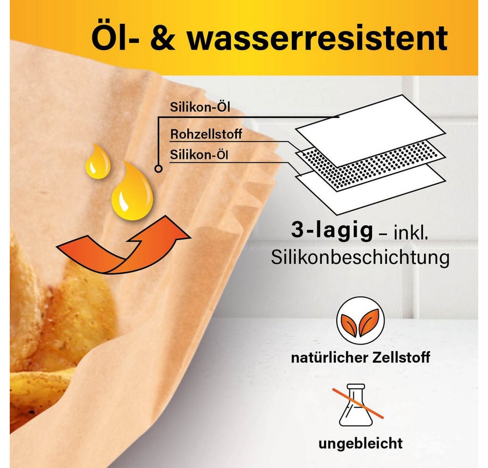 GOURMETmaxx Backpapier für Airfryer 2 bis 5 Liter - 50 Stück – 16 x 16 x 4,5cm, Airfryer Heißluftfritteuse Einwegschalen Baking Paper Bild 2
