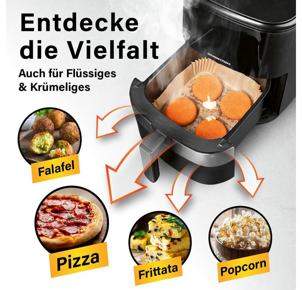 GOURMETmaxx Backpapier für Airfryer 2 bis 5 Liter - 50 Stück – 16 x 16 x 4,5cm, Airfryer Heißluftfritteuse Einwegschalen Baking Paper Bild 3