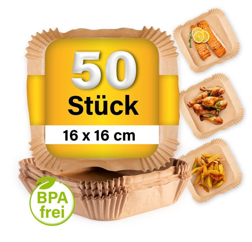 GOURMETmaxx Backpapier für Airfryer 2 bis 5 Liter - 50 Stück – 16 x 16 x 4,5cm, Airfryer Heißluftfritteuse Einwegschalen Baking Paper Bild 5