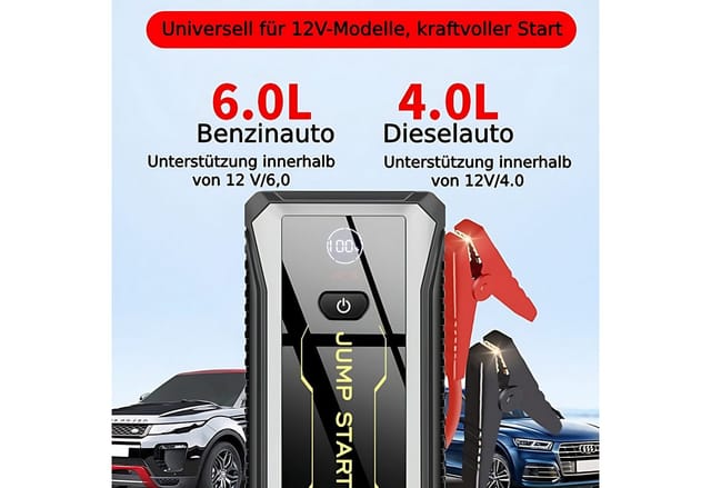 Forrlite Starthilfegerät, 28000 mAh Spitzenstrom Powerbank Autobatterie-Ladegerät (2800 mA, 800A Spitzstrom Tragbare Auto Starthilfe, 3-in-1-Powerbank Set, Fast Charge mit Kompass und LED-Taschenlampe)