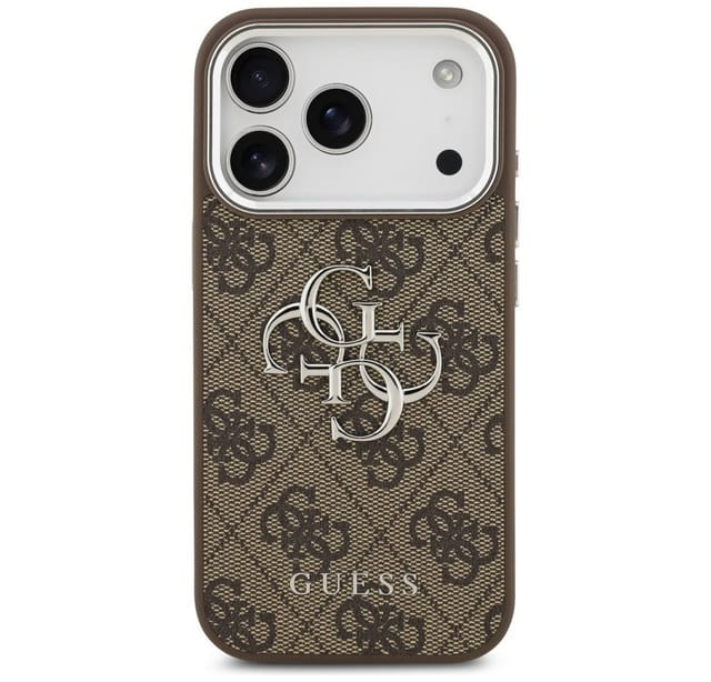Guess Handyhülle iPhone 17 Pro Kunstleder braun Big Logo Metall silber 6,3 Zoll, Kantenschutz