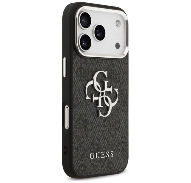 Guess Handyhülle iPhone 17 Pro Kunstleder grau Big Logo Metall silber 6,3 Zoll, Kantenschutz