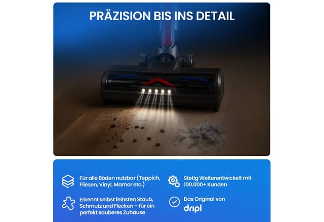 Dripl Bürsteneinheit LED Bürste, Zubehör für Dyson V7/ V8/ V10/ V11/ V15, mit 5 LED, passend für Dyson Staubsauger