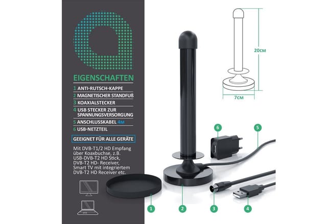 Aplic DVB-T2 HD Antenne aktiv, Digitale HDTV Zimmerantenne Verstärkerantenne Stabantenne (DVB-T, DVB-T2, für Innenbereich), 4 m Kabel USB und Koaxialstecker inkl. USB Netzteil