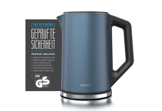 Arendo Wasserkocher aus Edelstahl, Temperatureinstellung 40°–100°C mit Anzeige, Doppelwand, 1,5 l, 2200 W, Teekocher mit Temperaturanzeige, in 5 °C-Schritten einstellbar