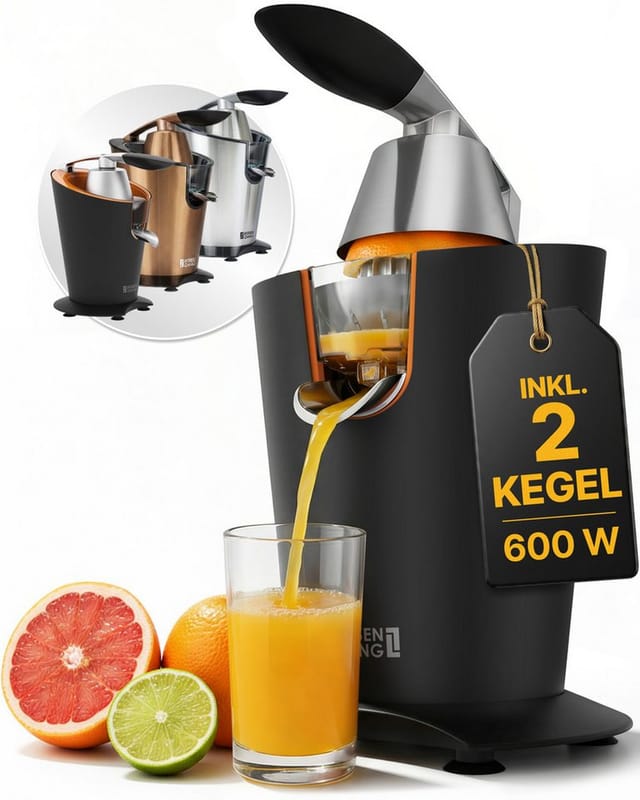 Lebenlang Zitruspresse LEBENLANG Saftpresse elektrisch 600W - Inkl. Edelstahlkegel & BPA-Frei, 600,00 W, Hohe Saftausbeute, Schwarz & Silber