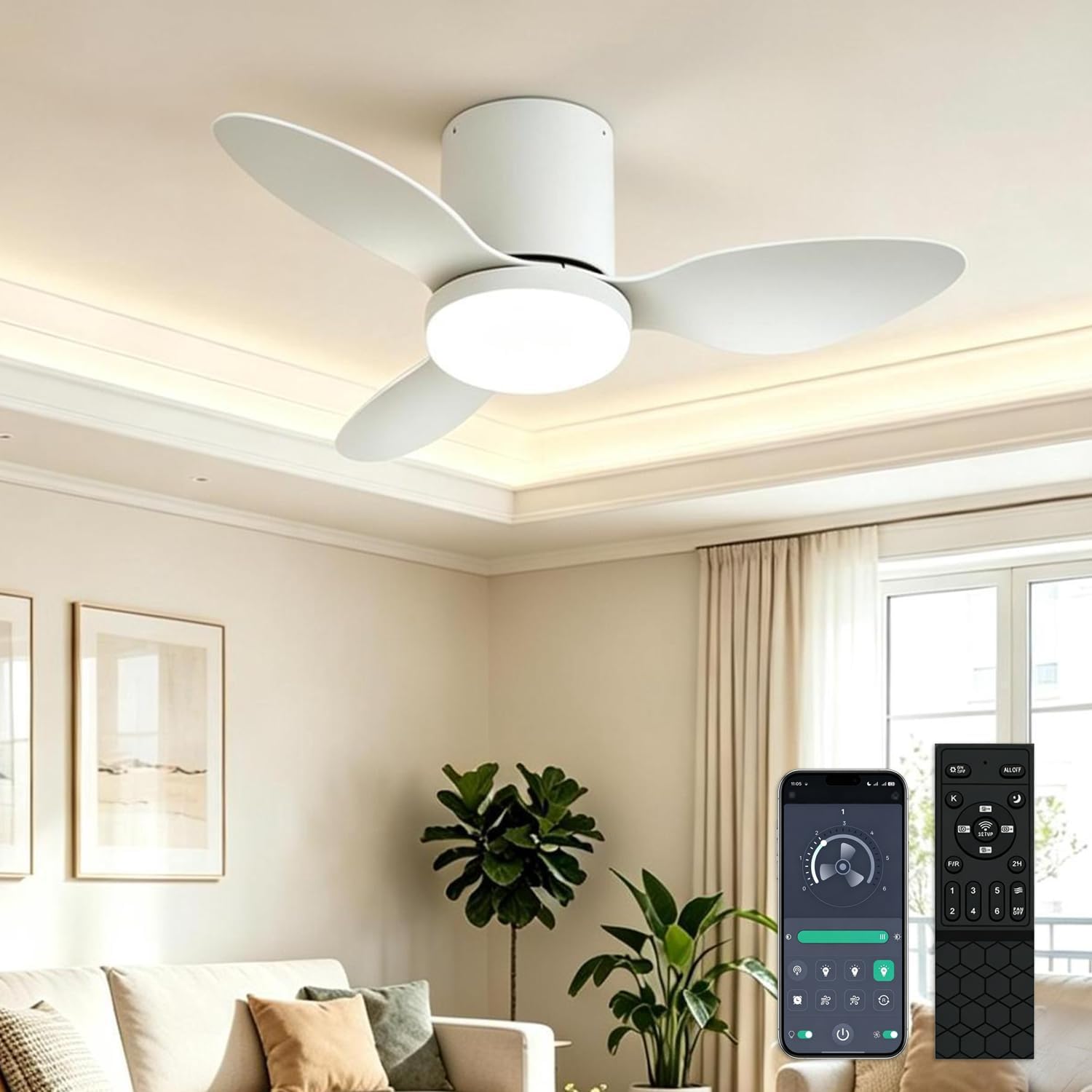 65cm Ventilateur Plafond Avec Lumiere Et Télécommande, 60w Ventilateur Plafond Silencieux 6 Vitesses Du Vent Moteur Dc Réversible, Plafonnier Ventilateur Lampe Dimmable Pour Chambre Salon