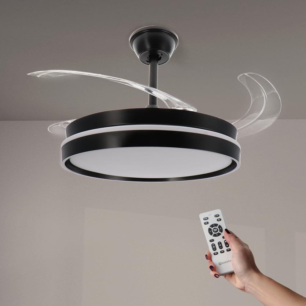 Ventilateur De Plafond Black Afar Rétractable Noir Avec Lumière Led Cct Ø107 Cm, Télécommande, Silencieux, 6 Vitesses, Pales Pliables, Minuterie Et Fonction Été/hiver
