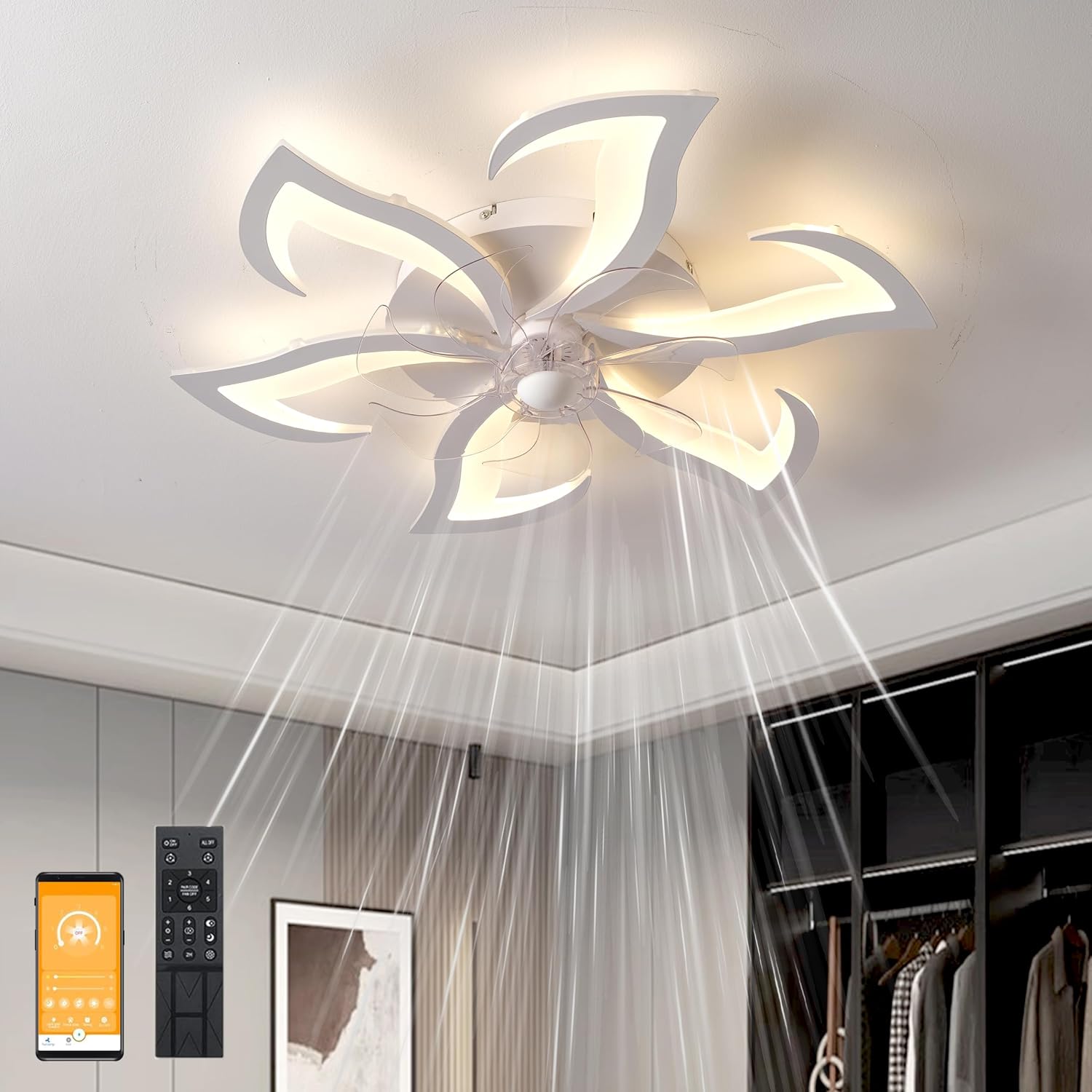Silencieux Ventilateurs De Plafond Avec Lampe Intégrée, 6 Vitesses Et Vent Réversible, Dimmable Led Lampe Ventilateur De Plafond Avec Telecommande, Fonction Mémoire, Timing (blanc, 70cm / 6 Lumières)