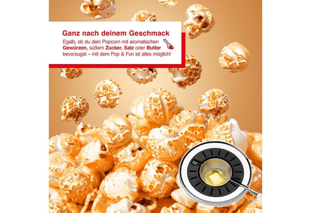 SOLIS OF SWITZERLAND Popcornmaschine Pop & Fun, Typ 8504, mit 2 in 1 Messlöffel & Butterschmelzer, LED