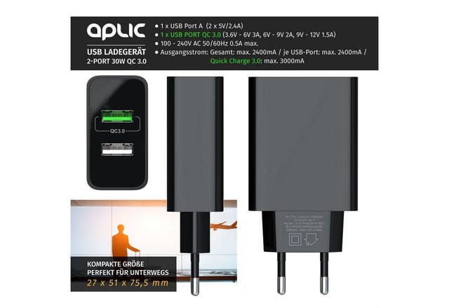 Aplic - USB-Ladegerät 3000 mA, 2-Port, 30W, Quick Charge 3.0 (qc 3.0) Schnelladefunktion