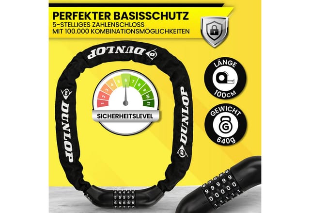 Dunlop Zahlenkettenschloss Fahrradschloss Zahlenschloss Zahlencode Kette Sicherheitslevel 6 (1-tlg), Schloss aus gehärtetem Stahl und ca. 6 cm langen Kettengliedern