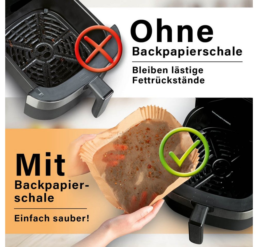 GOURMETmaxx Backpapier Backpapierschalen für Heißluftfritteusen (5–8 l) - 50 Stück, Airfryer Backpapier – flexible Form, 23 x 23 x 4,5 cm Bild 3