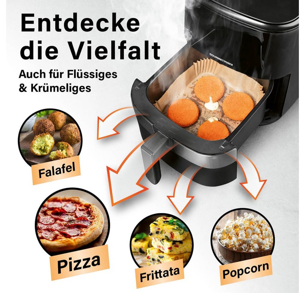 GOURMETmaxx Backpapier Backpapierschalen für Heißluftfritteusen (5–8 l) - 50 Stück, Airfryer Backpapier – flexible Form, 23 x 23 x 4,5 cm Bild 4