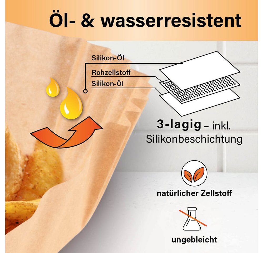 GOURMETmaxx Backpapier Backpapierschalen für Heißluftfritteusen (5–8 l) - 50 Stück, Airfryer Backpapier – flexible Form, 23 x 23 x 4,5 cm Bild 5