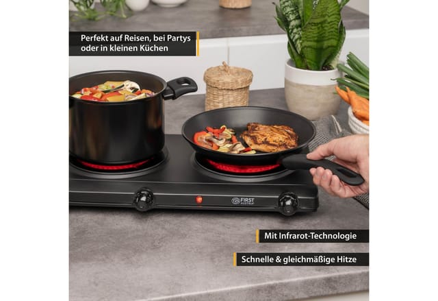 TZS FIRST AUSTRIA Doppelkochplatte Infrarot Kochplatte, 2500W, Keramik, stufenlose Temperaturregelung, Kochfeld Schwarz, Herdplatte für Camping