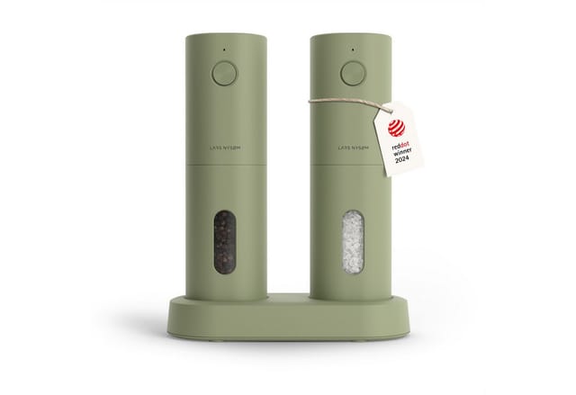 LARS NYSØM Gewürzmühle Spænding praktische Einhandbedienung per Drucktaste, (2 Stück), elektrische Salz- & Pfeffermühle mit eingebautem LED-Licht
