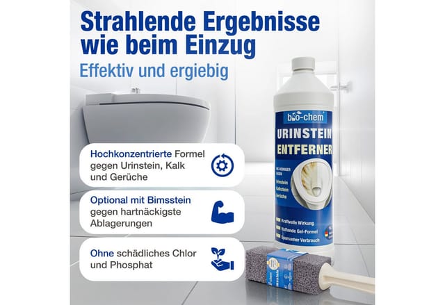 bio-chem bio-chem Urinsteinentferner EXTRA STARK 1000 ML inkl. Schrägdüse WC-Reiniger (Einzelprodukt, [- Urinsteinentferner 1 L + Schrägdüse + Bimsstein Profi WC-Reiniger für hartnäckigste Ablagerungen & Urinstein)