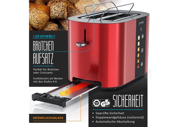 Arendo Toaster Edelstahl, Kurzschlitz, Touch Display, Restzeit & Bräunungsgradanzeige, 2 Schlitze, für 2 Scheiben, 800 W, Brötchenaufsatz, Wärmeisoliert, Toast-Symbole für Bräunungsgradauswahl
