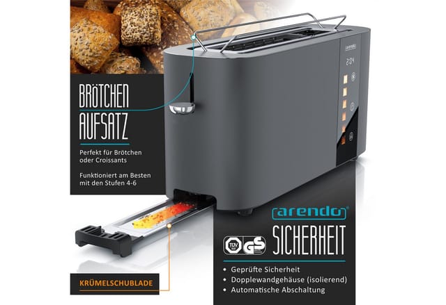 Arendo Toaster Edelstahl, Langschlitz, Touch Display, Restzeit & Bräunungsgradanzeige, 1 langer Schlitz, für 2 Scheiben, 1000 W, Brötchenaufsatz, Wärmeisoliert, Toast-Symbole für Bräunungsgradauswahl