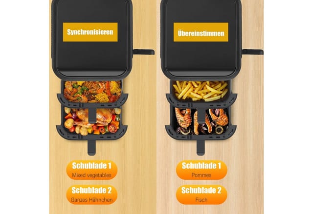 oyajia Heißluftfritteuse Heißluftfritteuse Doppelkammer, 11 Liter DUAL ZONE, Sichtfenster, mit Beleuchtung, 4 Kochstufen, 2 Körben, 2 Rosten, platzsparendes Design, 10 Kochfunktionen, 2800,00 W, Faltbares Digitales Farbdisplay, Synchro-Funktion