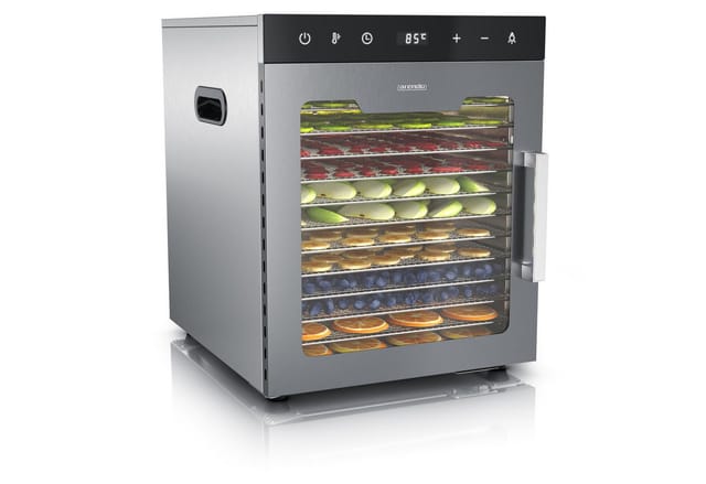 Arendo Dörrautomat Edelstahl, Temperaturregler von 30° bis 90°C, Dörrgerät, Dehydrator 800 W, 12 Etagen, Obst, Fisch, Fleisch Dörrapparat, Obsttrockner, Timer 0,5-24 Stunden