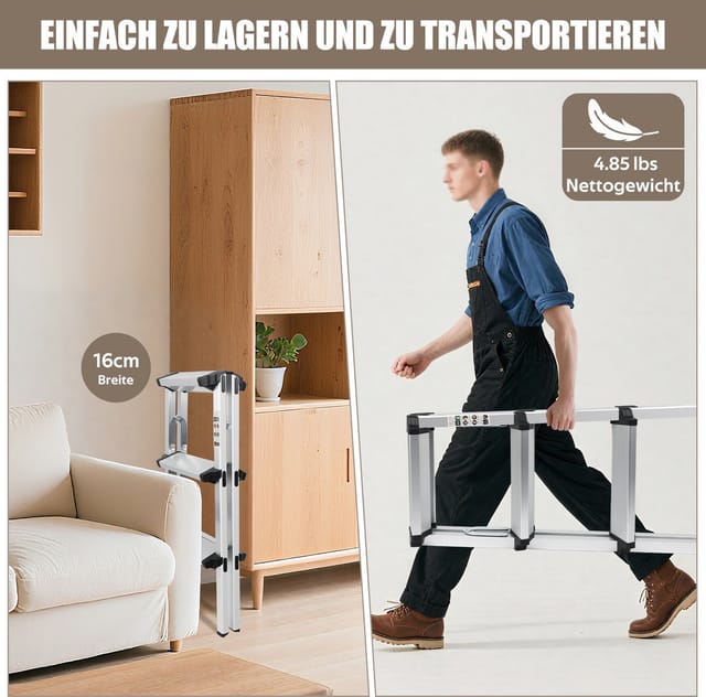 kisidus Trittleiter mit 3 Stufen/ 2 Stufen, Alu Klapptritt, Haushaltsleiter bis 150 kg, (Stehleiter beidseitig begehbar, Zweiseitige Aluleiter, Stufenstehleiter), Mehrzweckleiter