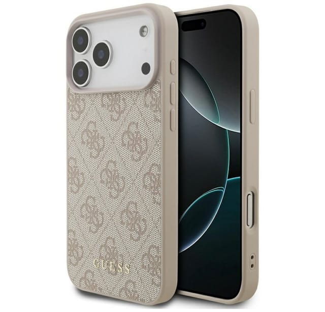 Guess Handyhülle Case iPhone 17 Pro Max Classic Kunstleder rosa Logo goldfarbig 6,9 Zoll, Kantenschutz
