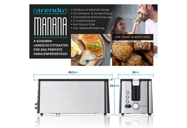 Arendo Frühstücks-Set Edelstahl Wasserkocher 1,5l, 4-Scheiben Langschlitz Toaster, silber (2-tlg), Wasserkocher Glas mit Temperatureinstellung, Toaster Brötchenaufsatz