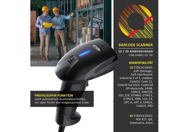 Aplic 1D 2D Barcode-Scanner kabelgebunden USB, manuell/auto, Standhalterung Handscanner, (USB, 1D/2D, hochauflösend, Plug&Play, Terminator wählbar, 15 % Lesekontrast)