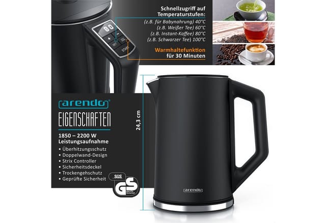Arendo Frühstücks-Set Edelstahl Wasserkocher 1,5l, 2-Scheiben Kurzschlitz Toaster, schwarz (2-tlg), Wasserkocher mit Temperatureinstellung, 2200W, Toaster Brötchenaufsatz