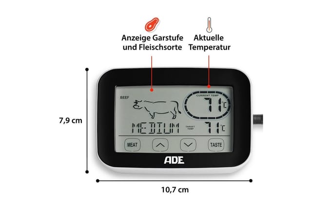 ADE Bratenthermometer Funk-Grillthermometer mit Touch-Display, mit Funkempfänger, Fühler aus Edelstahl, 5 Garstufen, Touch-Display