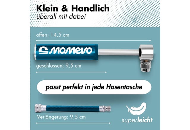 Momevo Handpumpe Kleine Aluminium-Ballpumpe für Fußball, alle Bälle, flexibler Schlauch, inklusive drei Nadeln