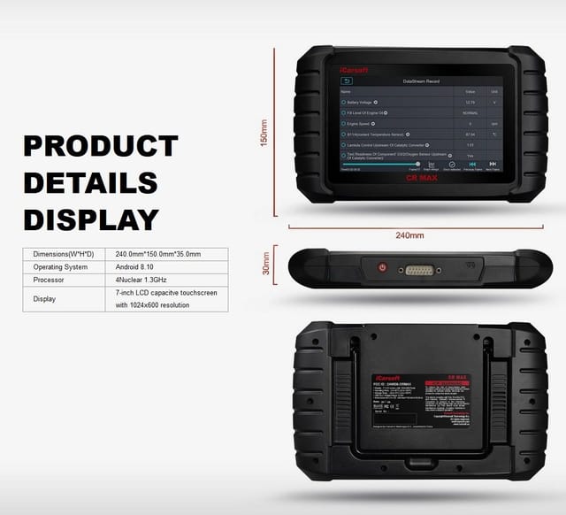 iCarsoft OBD2-Diagnosegerät CR MAX BT + Kostenlose Online Updates + Bluetooth Adapter, Android 8.1