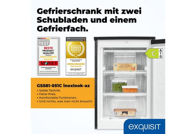 exquisit Gefrierschrank GS581-051C, 845 cm hoch, 549 cm breit, 85 Liter, 4-Sterne-Gefrieren, 39 dB, Türanschlag wechselbar, EEK: C