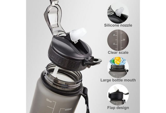 CALIYO Trinkflasche 1 Liter Sport-Wasserflasche mit Strohhalm und Zeitmarkierungen, Auslaufsichere Tritan-Trinkflasche, BPA-frei für Sportart