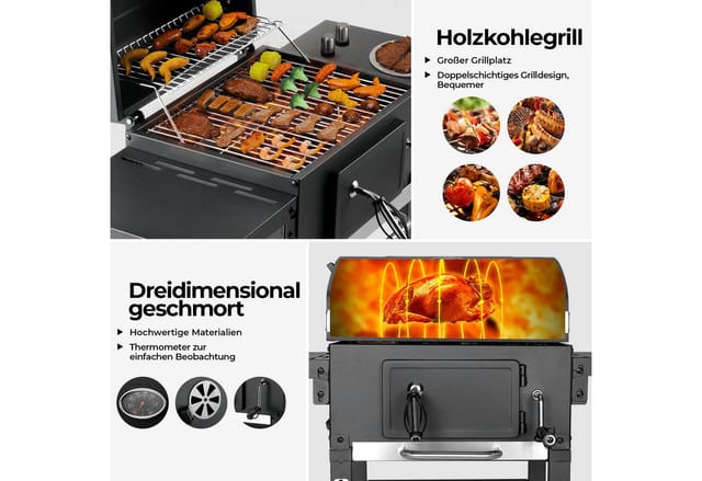 TLGREEN Holzkohlegrill Grill Grillwagen BBQ Smoker, Grillwagen Holzkohle, Höhenverstellbarer Grill, Standgrill für Camping, Garten, 96x98x44,5 cm
