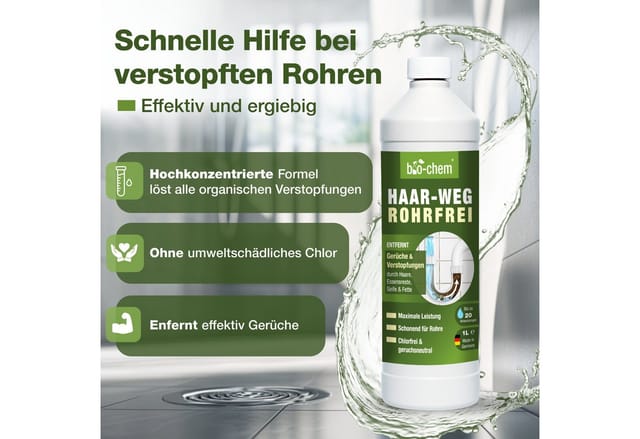 bio-chem Abflussreiniger EXTRA STARK 3x 1 L Profi Rohrreiniger, Geruchsneutral Rohrreiniger (Sparpaket, [- HAAR-WEG Abflussfrei 3x 1 l Chlorfrei und geruchsneutral – sicher in Anwendung)