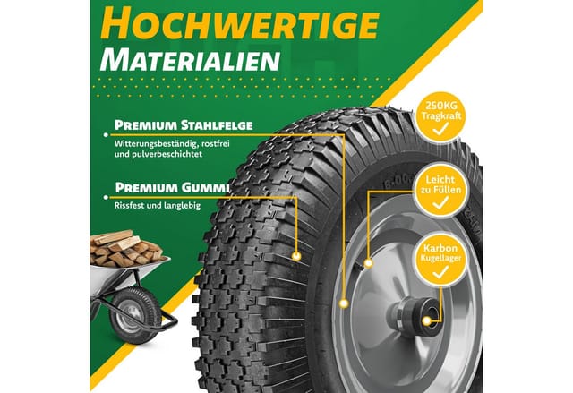 MASKO Schubkarren-Rad Air Luftbereifung 250kg Traglast (Luft-Rad mit Stahlfelge, Handschuhen & Karbonstahl-Kugellager), Ersatzrad für Schubkarre & Gartenkarre pannensicheres Reifen