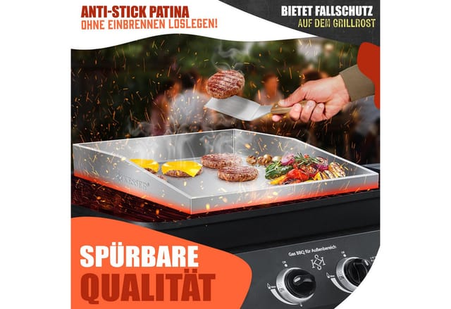 KESSER Grillplatte Plancha aus Edelstahl hitzebeständig bis 800°C (inklusive 2 Spatel, Grillschürze, Grillmatte & Rezeptbuch), Grill Platte für Gas- & Holzkohlegrill mit Fettablauf & Anti-Stick