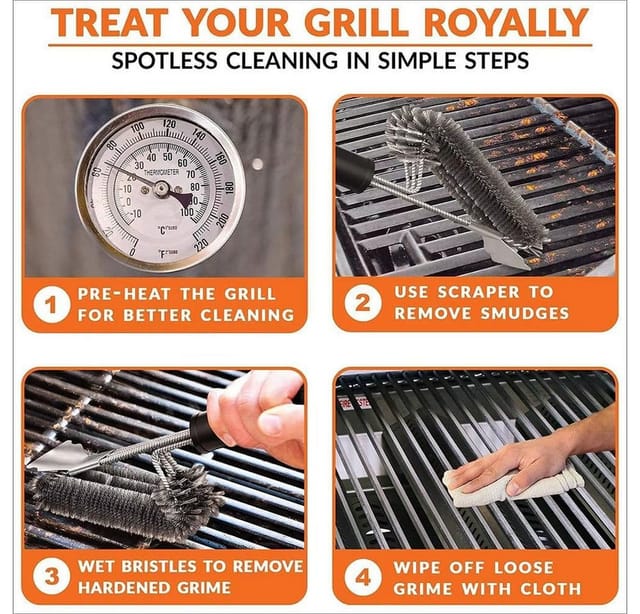 Refined Living Grillbürste BBQ Grillbürste 2-teilig mit Schaber – Edelstahl Grillreiniger Set, Für Holzkohlegrill, Gasgrill, Keramikgrill, Gusseisenrost, (BBQ Reinigungsbürste, Grillreiniger mit Schaber, Grillzubehör Set, Grillrost Reinigung, Grillbürste Set, Barbecue Bürste, Grill Reinigungsbürste, Ergonomischer Griff, 360° Borstenstruktur, Hochwertige Materialien,2-in-1 Design, 2-tlg., Integrierter Schaber,2 Edelstahl-Bürstenköpfe, Effiziente Reinigung), für Edelstahl, Gusseisen, Porzellan, Ho