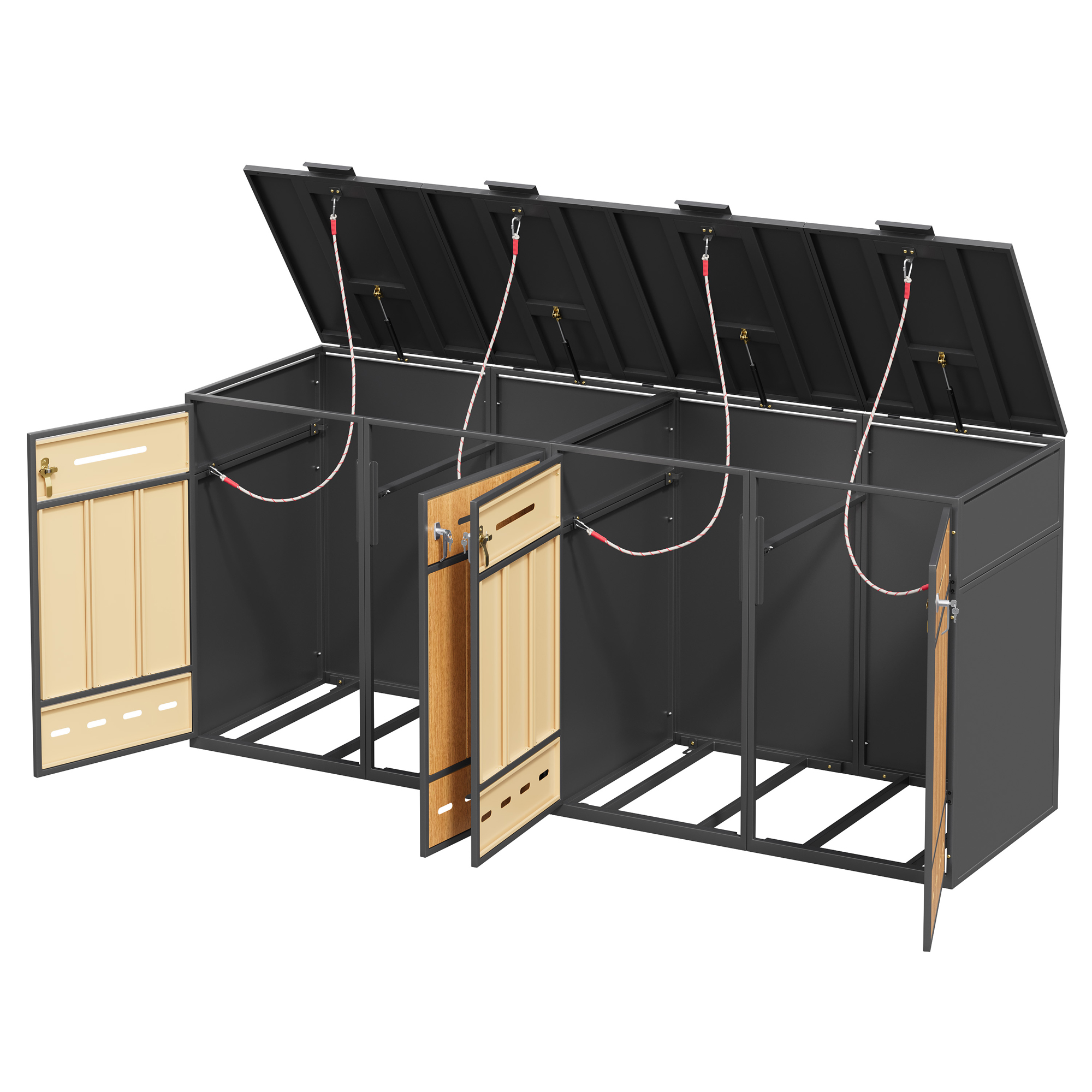 Elvmi Mülltonnenbox Mit 4 Fächern, Klappdeckel Und Fronttüren, Belüftungsöffnungen, Aus Stahl, Grau Und Holzoptik