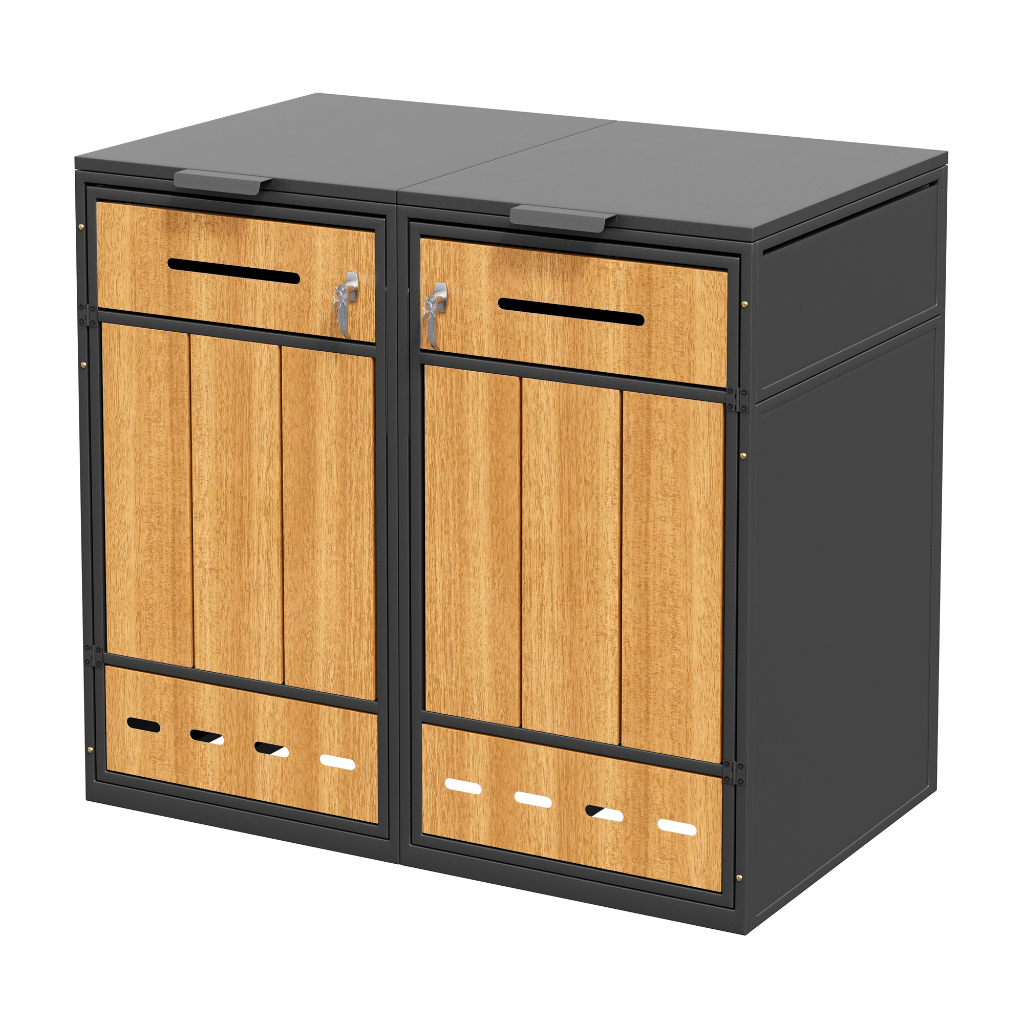 Elvmi Mülltonnenbox Mit 2 Fächern, Klappdeckel Und Fronttüren, Aus Stahl, Grau Und Holzoptik