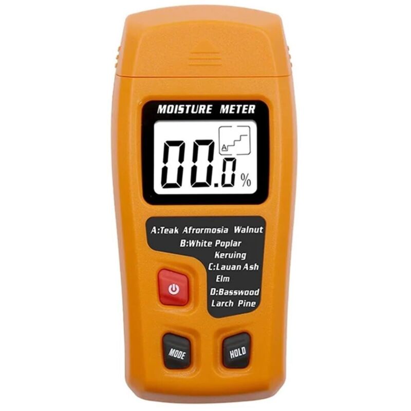 Digitaler Feuchtemessgerät Holzfeuchtigkeitsmesser 4 Messmodi 0-99,9 % Digitaler Zweipoliger Feuchtigkeitsdetektor Für Holzwände, Trockenbau Und Pappe Für Holz Und Pappe (orange)