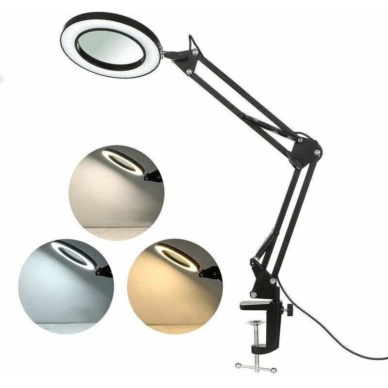 Led-lupenlampe Mit Klemme. 8-dioptrien-lupe Mit Beleuchtung, 3 Farbtemperaturen, Schwenkbarer Arm. Dimmbares Licht Zum Lesen Für Tisch Oder Werkstatt (8x)