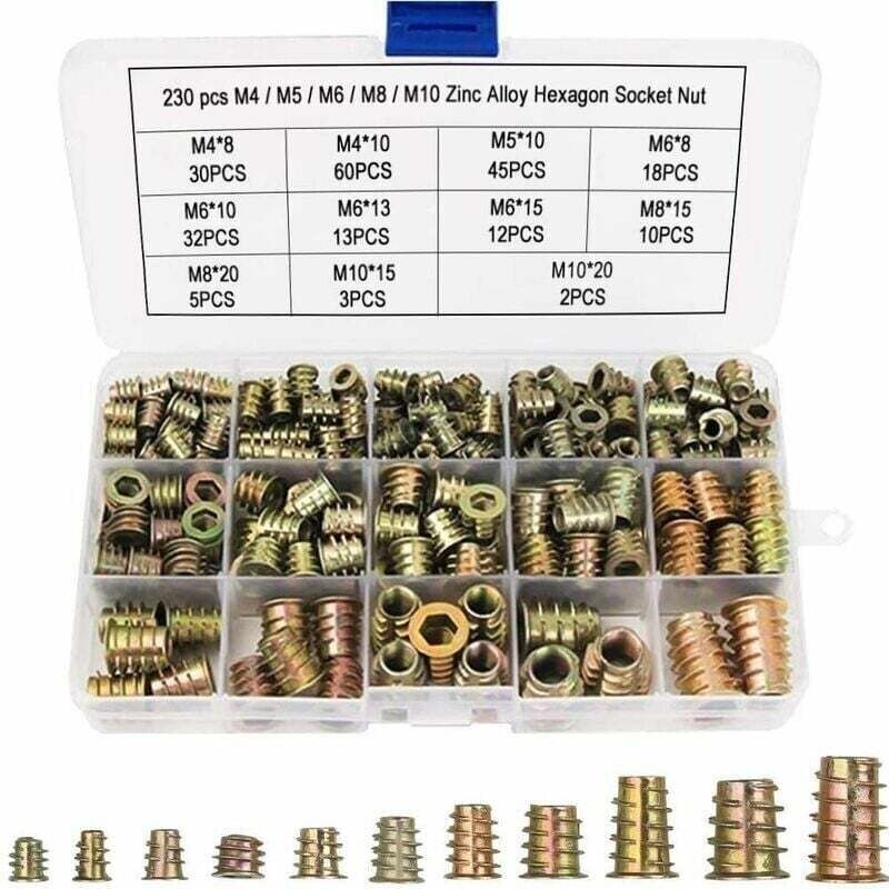Satz Mit 230 Sechskantmuttern M4 M5 M6 M8 M10 Mit Gewindeeinsätzen Aus Zinklegierung – Für Holzmöbel – Aufbewahrungsbox