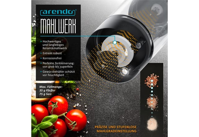 Arendo Salz-/Pfeffermühle Elektrische Salzmühle & Pfeffermühle, stufenlos einstellbar, aufladbar Akku, (2 Stück), Edelstahl, Keramikmahlwerk, 2er Set, LED-Beleuchtung, Li-Ion Akku, USB