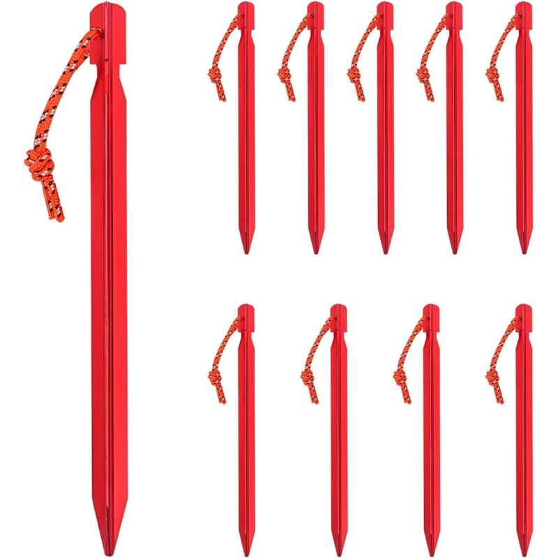 10 Aluminium-camping-heringe, 18 Cm, Mit Seil – Robuste Erdnägel Für Zelt, Tarp Und Bivouac, Rot, Ideal Für Outdoor-aktivitäten