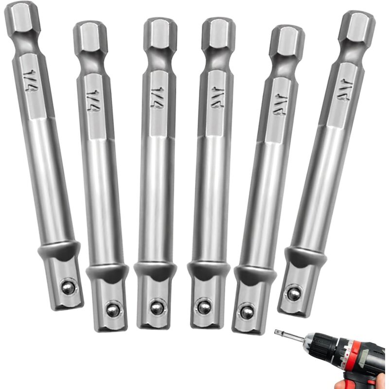 6 Stück 1/4-zoll-bithalter, Adapter Für Stecknüsse, Lange 1/4-zoll-stecknuss, Bohrfutter-adapterkonverter, Bithalter, Bohrspannfutter, Silber, Für Akkubohrer Und Schlagende Schrauber