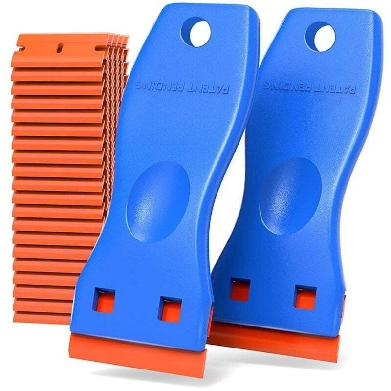 Kratzer Aus Kunststoff, Kratzfest. 2 Blaue Schaber + 100 Klingen. Schaberset Zum Entfernen Von Klebstoff